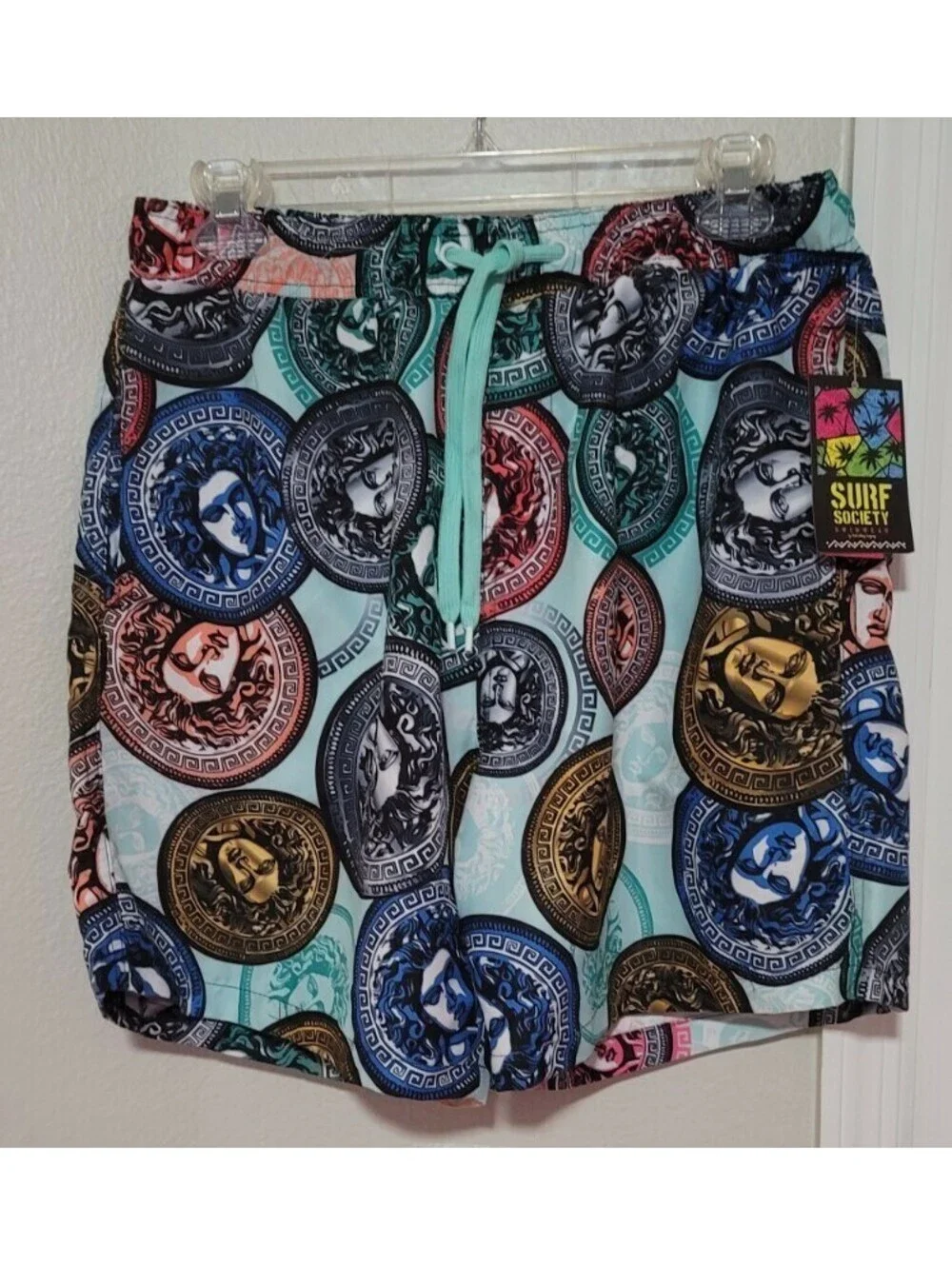 SURF SOCIETY MEDUSA HEAD COIN DRAWSTRING LINED SWIM BOARD SHORTS SIZE S MULTI